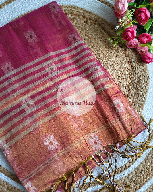Handloom Cotton Tissue Saree with Machine Embroidery Design - Dark Pink