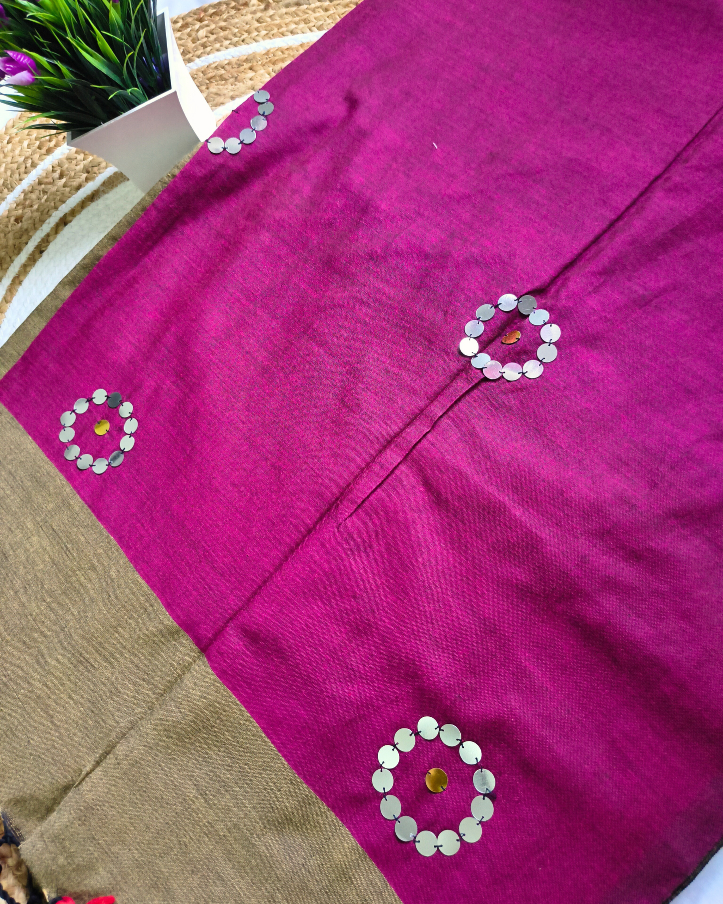 Khadi Cotton Handloom Saree with Mirror design - Olive Grey & Magenta