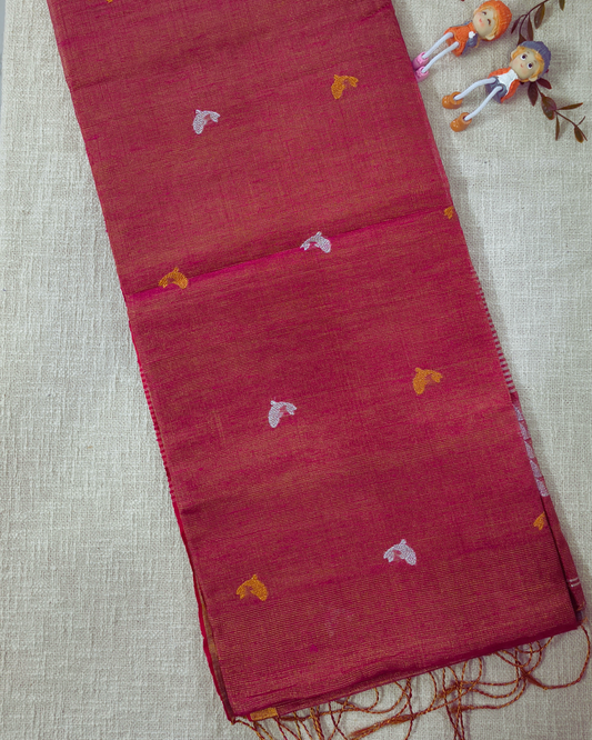 Handloom Tissue Linen with Jamdhani Weaving Buttas - Pink & Orange Dual Tone