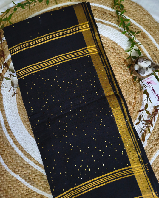 Linen By Linen Handloom Saree with Hand Woven Sequins - Black MammaHug