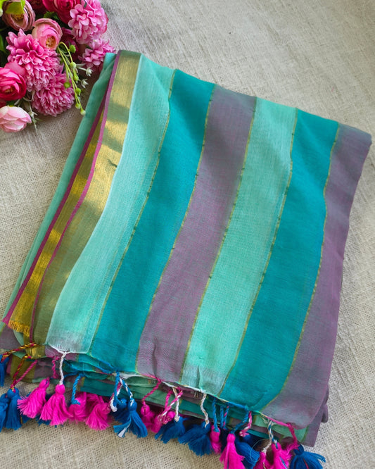 Premium Rainbow Mul Cotton Handloom Saree with Beautiful tassels - Green