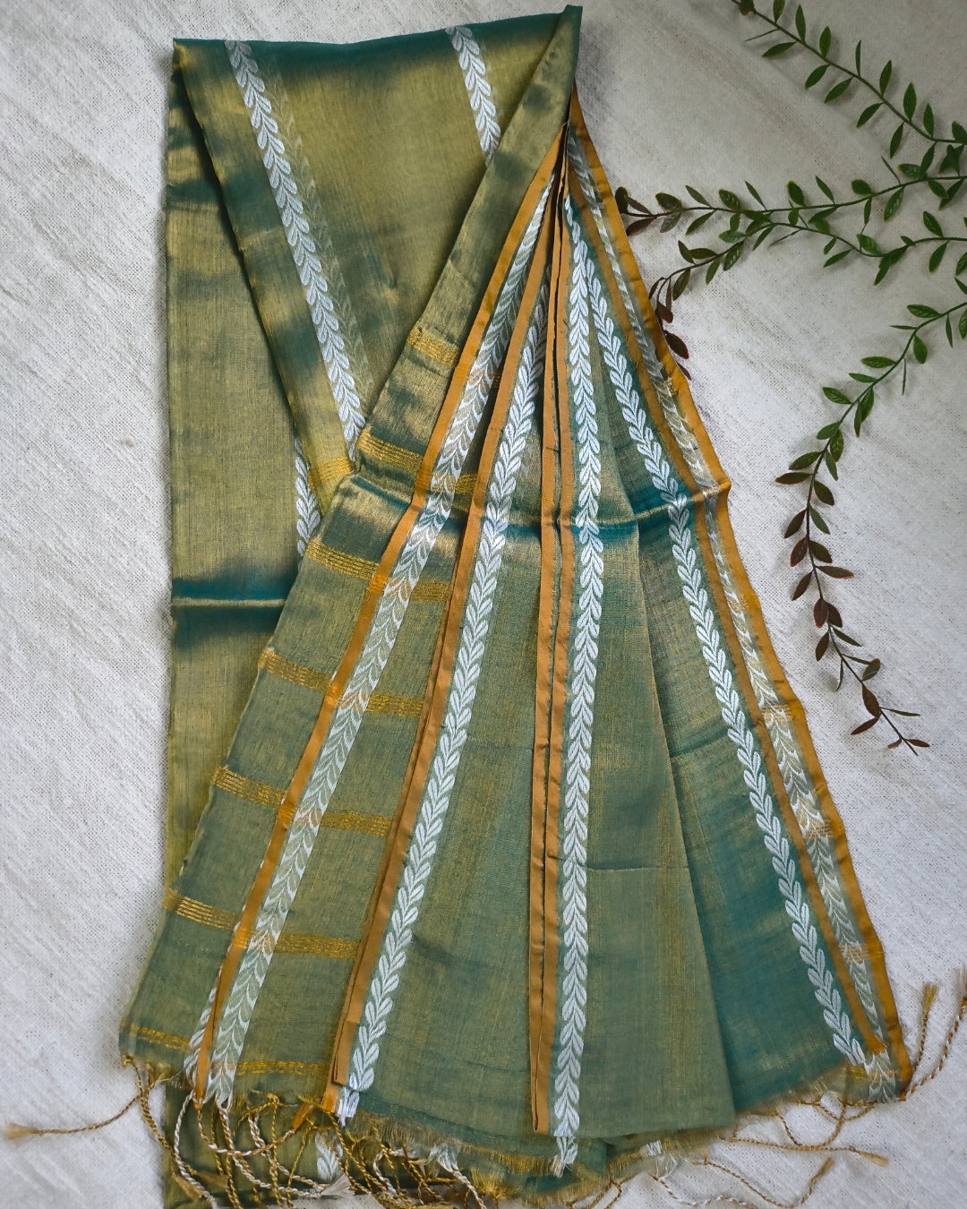 Soft Linen Tissue Saree with Golden Zari weaving - Antique Green