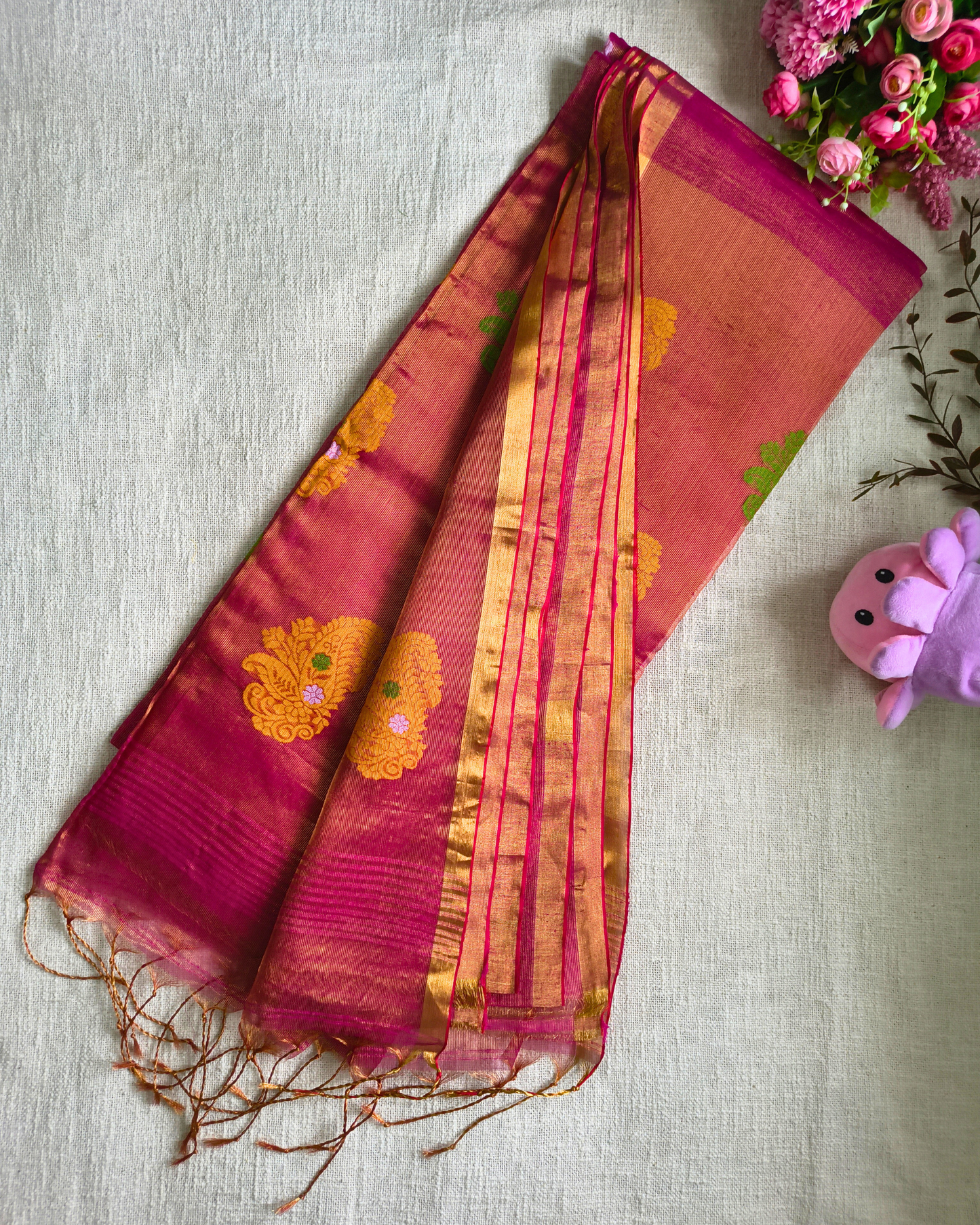 Handloom Tissue Linen with Jamdhani Weaving Buttas - Crimson