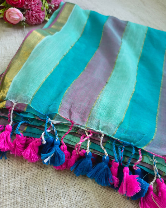 Premium Rainbow Mul Cotton Handloom Saree with Beautiful tassels - Green