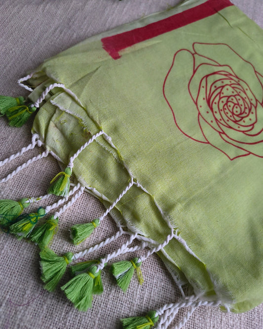 Khadi Cotton Handloom Saree with Printed Floral Design - Light Green