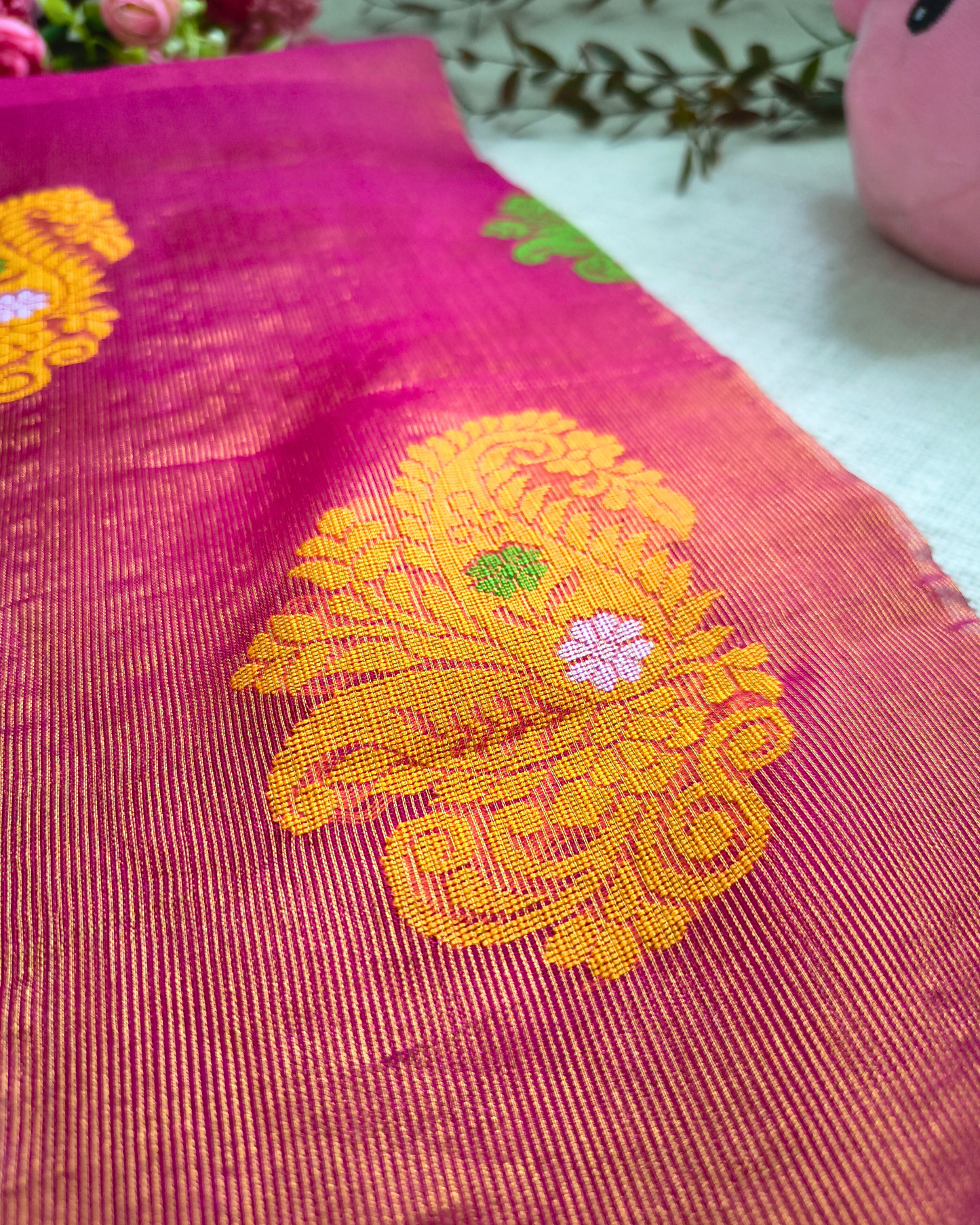 Handloom Tissue Linen with Jamdhani Weaving Buttas - Crimson