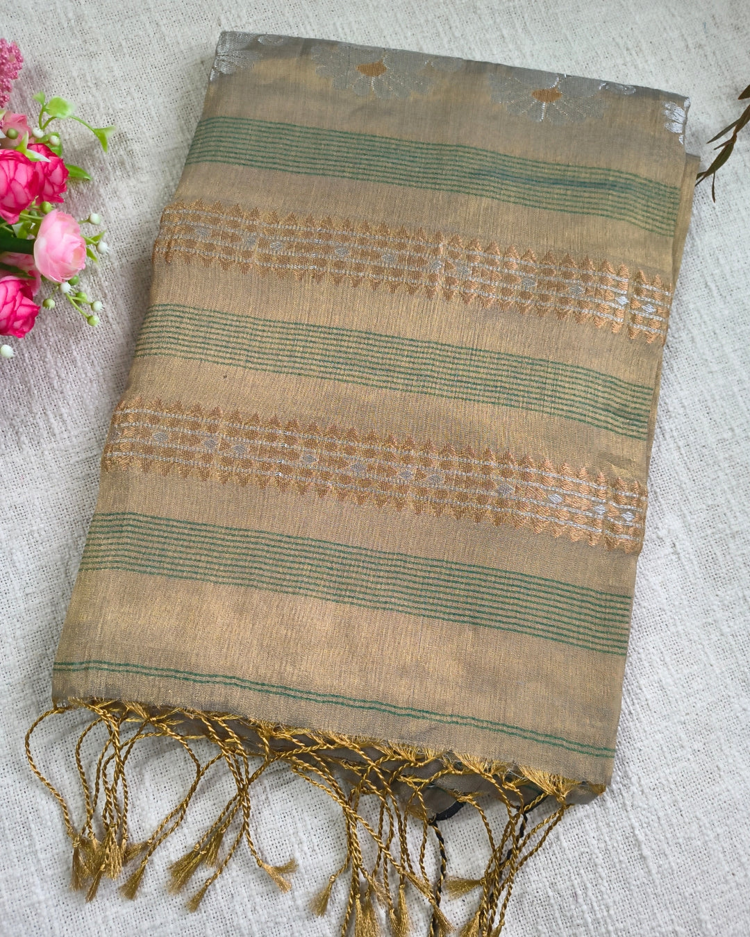 Soft Linen Tissue Saree with Golden Silver Zari weaving - Copper Golden
