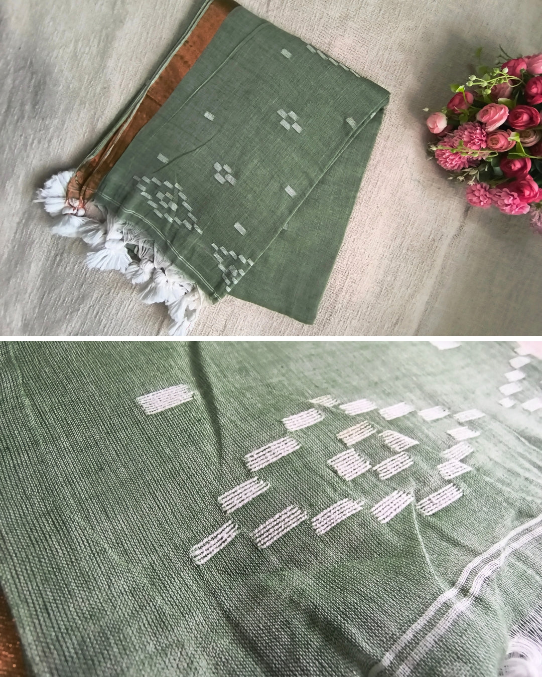 Pure Cottom Handloom Saree - Small Copper Border - Pastel Green