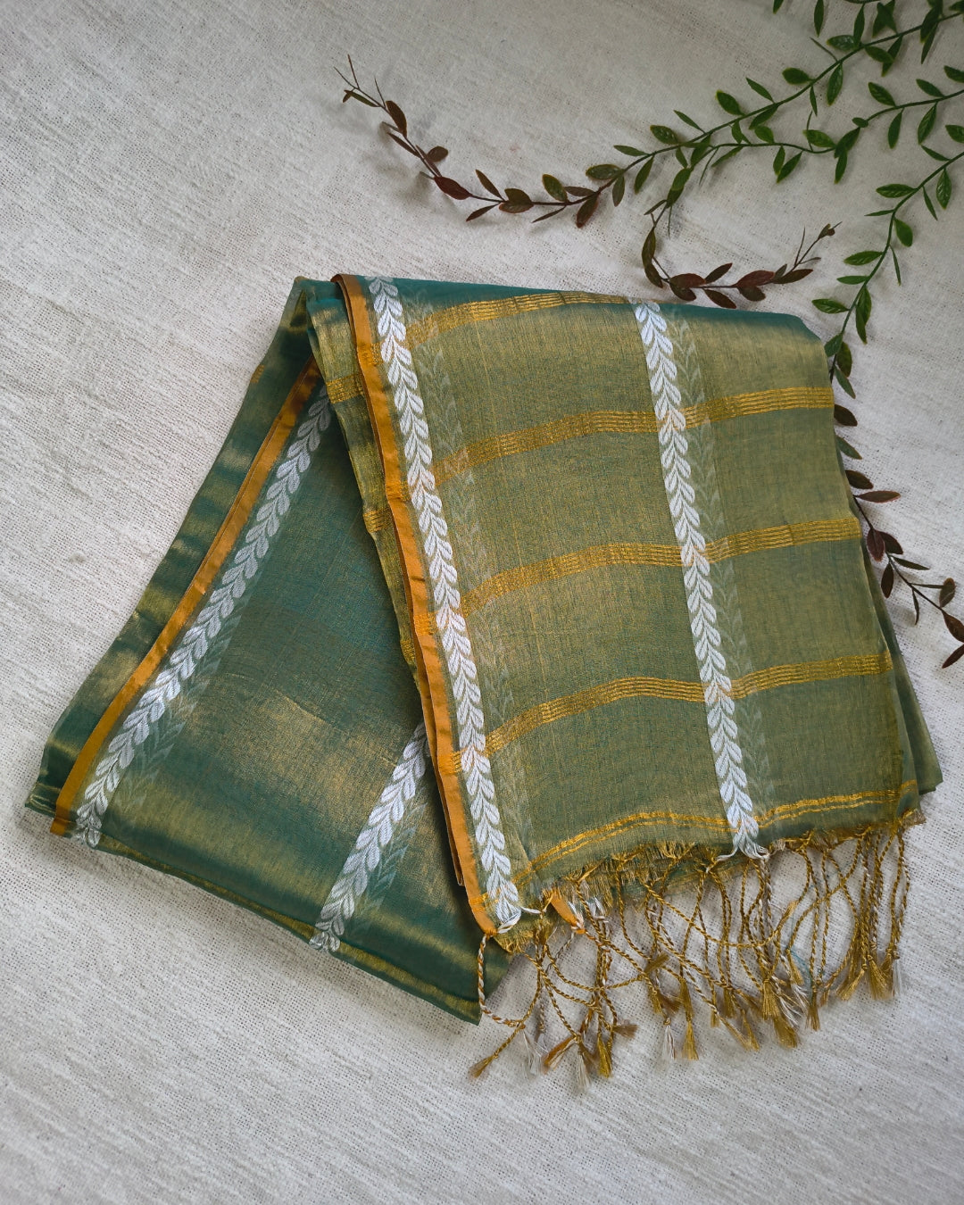 Soft Linen Tissue Saree with Golden Zari weaving - Antique Green