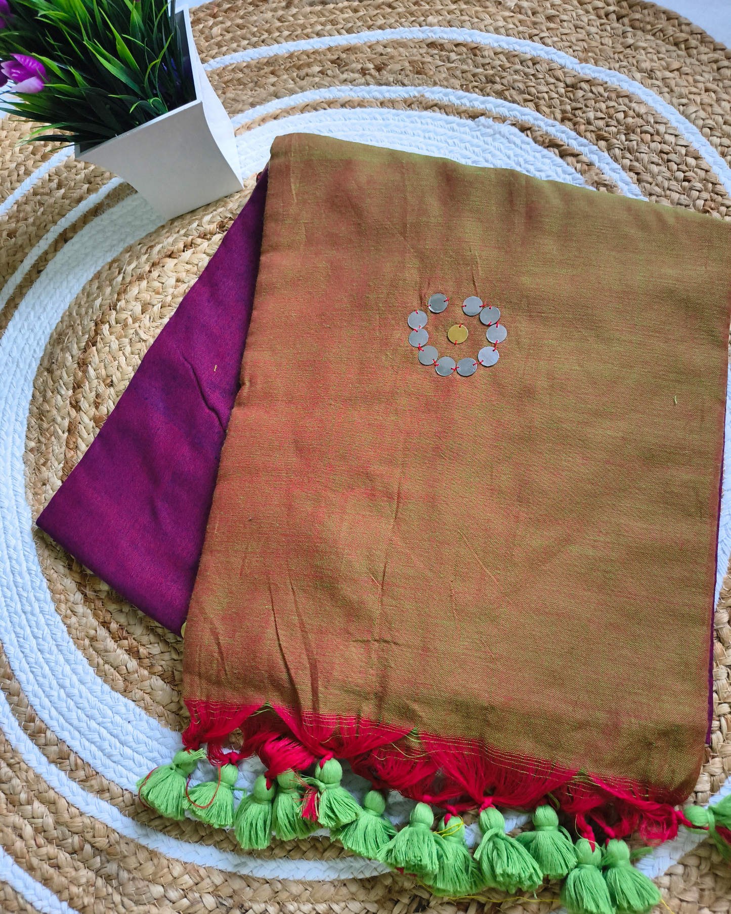 Khadi Cotton Handloom Saree with Mirror design - Green & Magenta