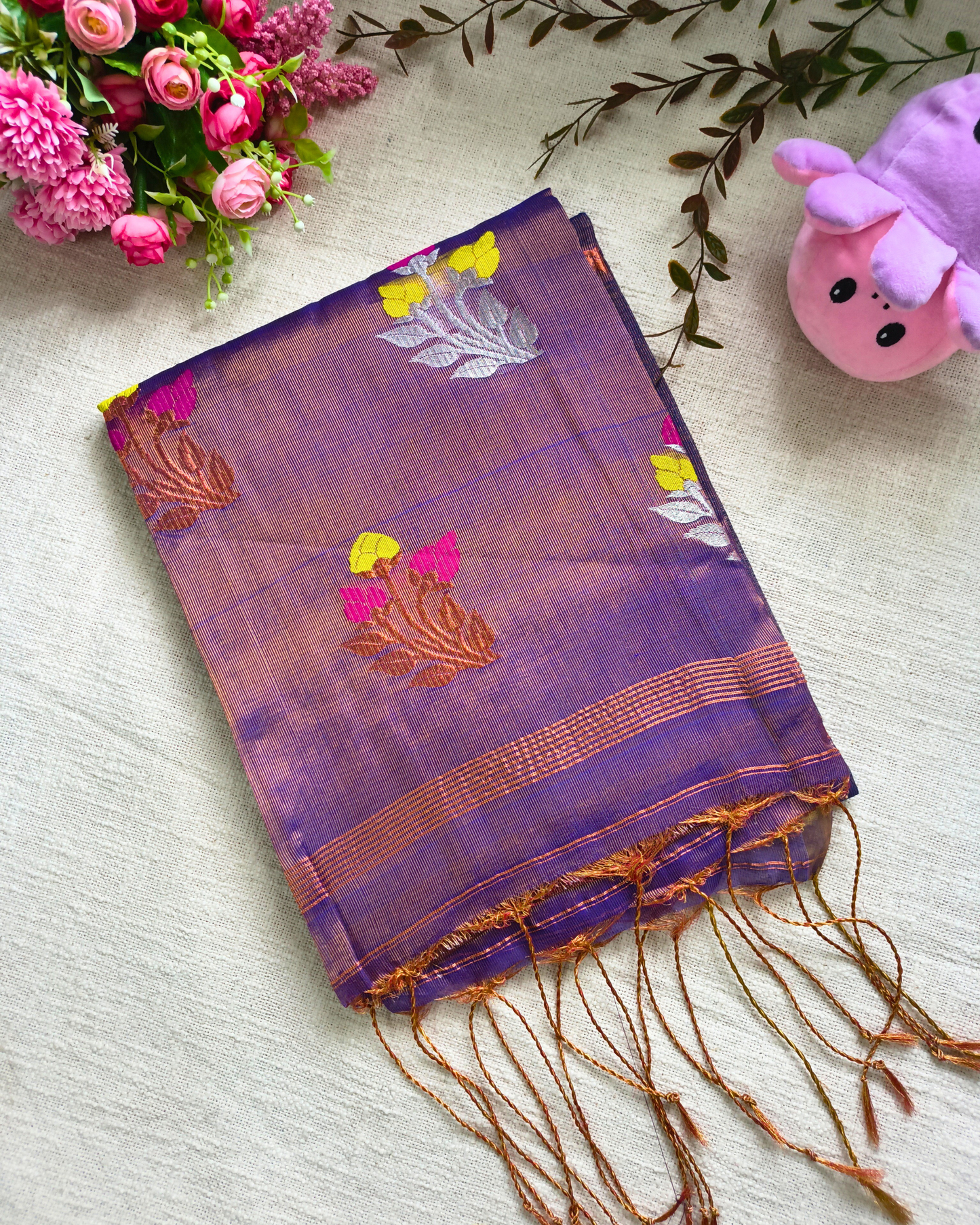 Handloom Tissue Linen with Jamdhani Weaving Buttas - Purple