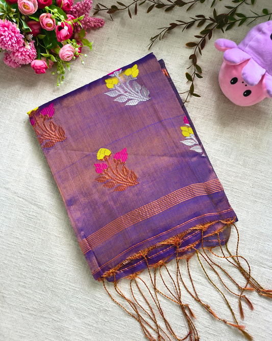 Handloom Tissue Linen with Jamdhani Weaving Buttas - Purple