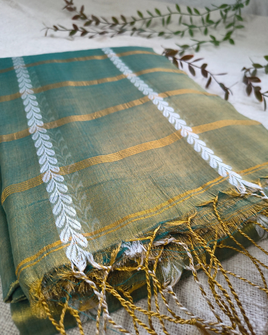 Soft Linen Tissue Saree with Golden Zari weaving - Antique Green