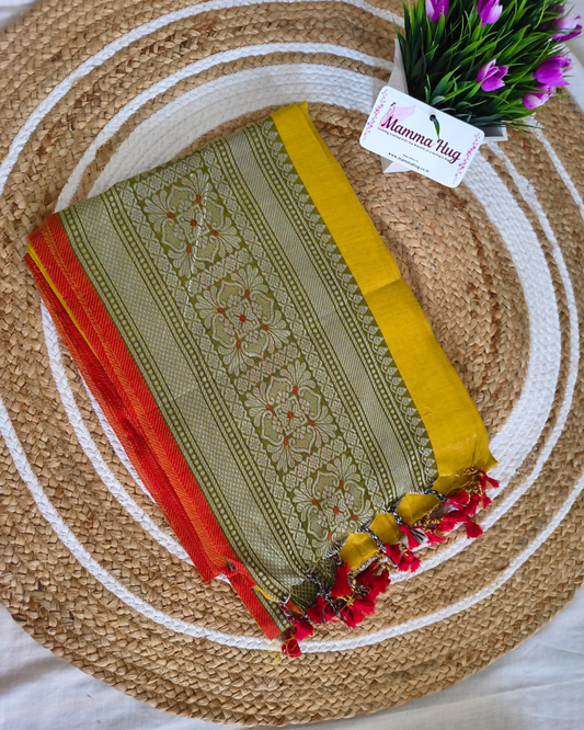 Khadi Tissue Handloom Saree with Thread Woven Border - Golden Mustard with Red