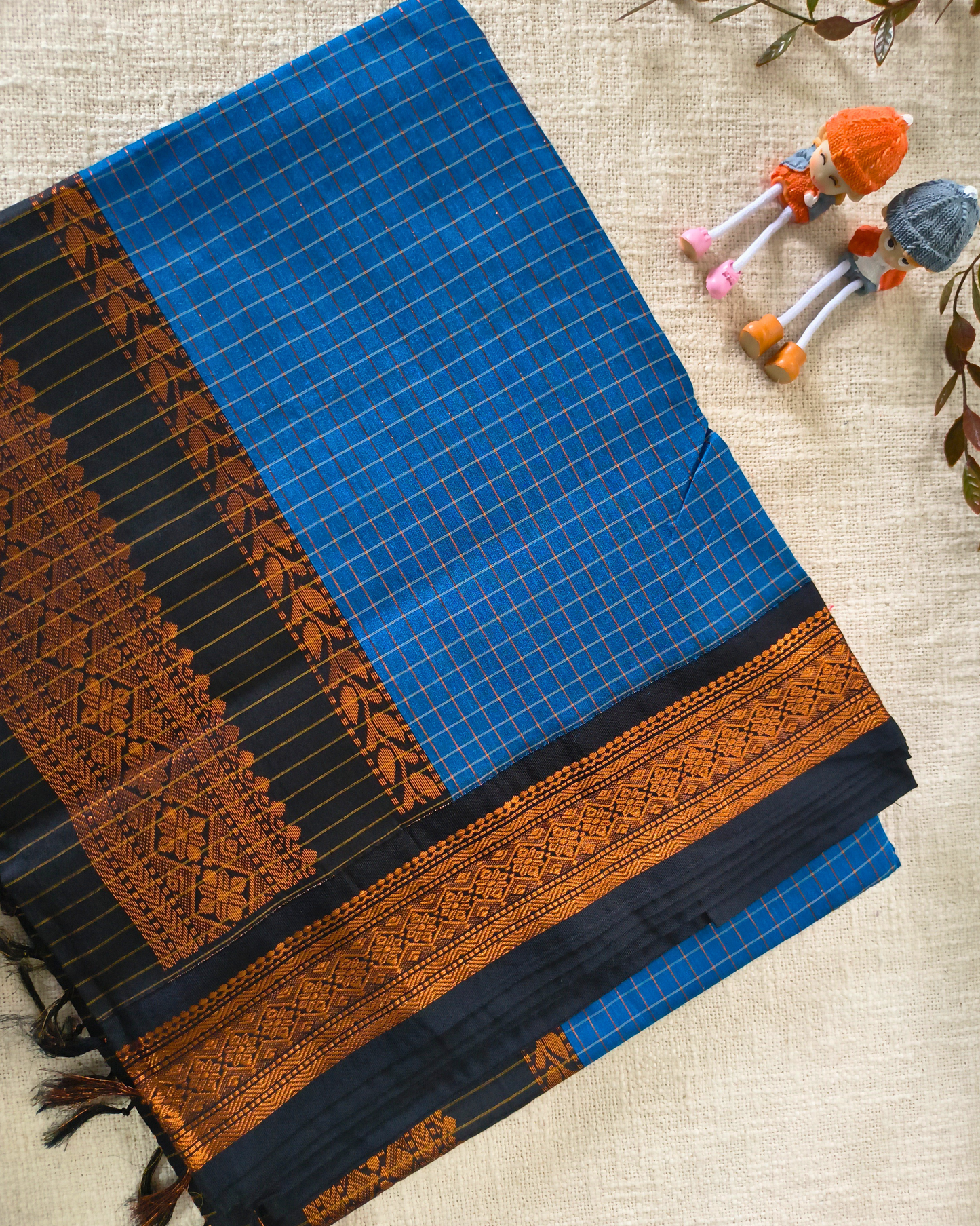 Premium Kalyani Cotton checked with Zari Border - Blue