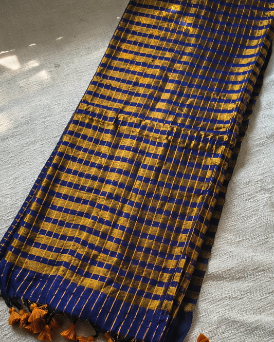 Mul Cottom Zari Checks Handloom Saree - Navy Blue