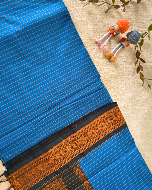 Premium Kalyani Cotton checked with Zari Border - Blue