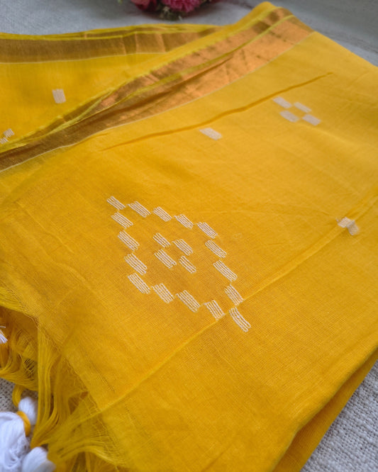 Pure Cottom Handloom Saree - Small Copper Border - Mango Yellow