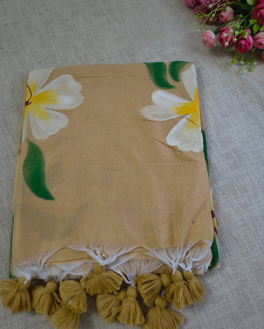 Soft Cotton Handloom Saree with Hand-Painted Floral Design - Sandal