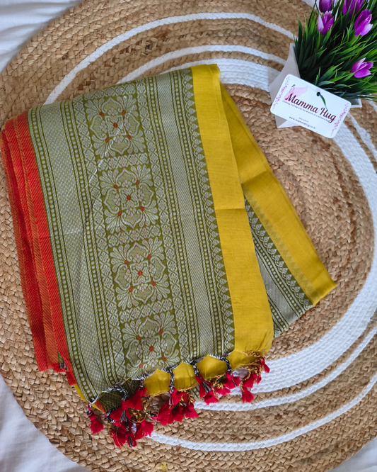 Khadi Tissue Handloom Saree with Thread Woven Border - Golden Mustard with Red