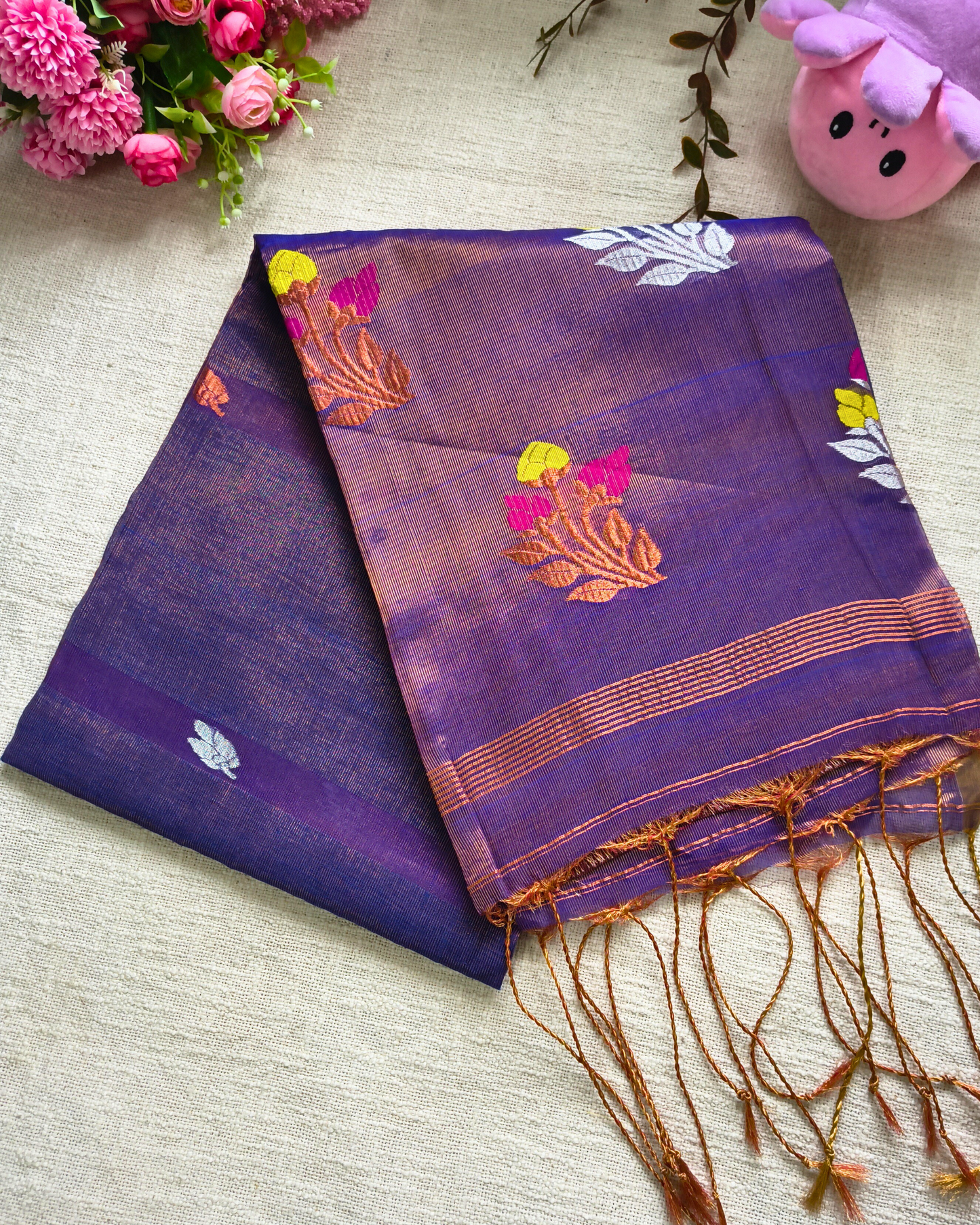 Handloom Tissue Linen with Jamdhani Weaving Buttas - Purple