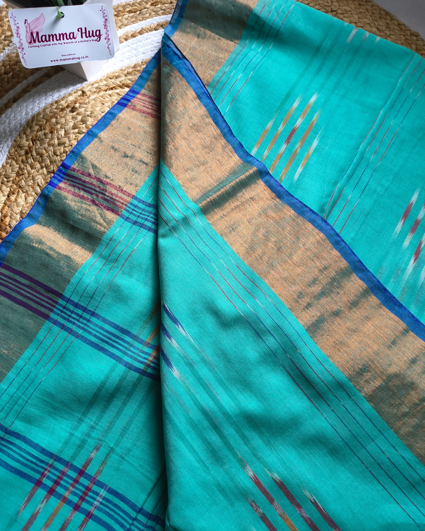 Pure Cotton Handloom Saree with Ikkat Design -Aqua Blue