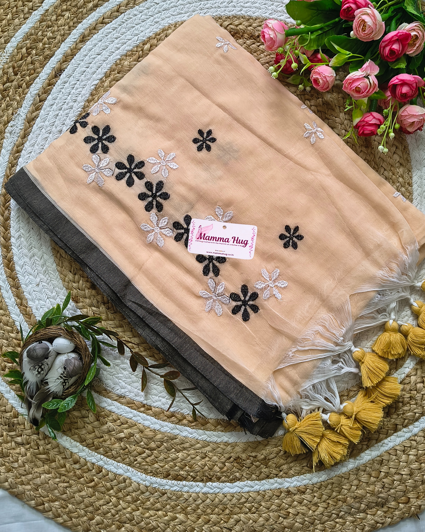 Mul Cottom Handloom Saree Flower Embroidery