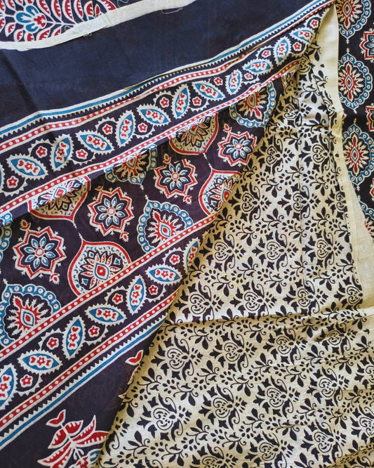 Ajrakh Block Print 120s Mul Cotton Saree - Black MammaHug