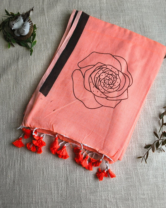 Khadi Cotton Handloom Saree with Printed Floral Design - Light Orange