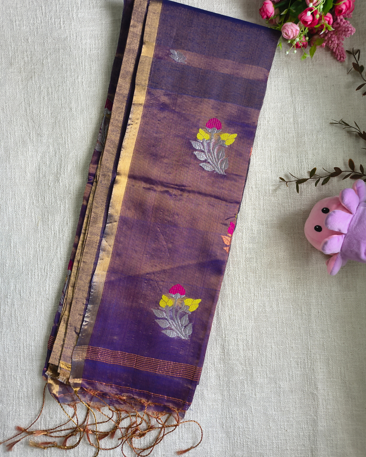Handloom Tissue Linen with Jamdhani Weaving Buttas - Purple