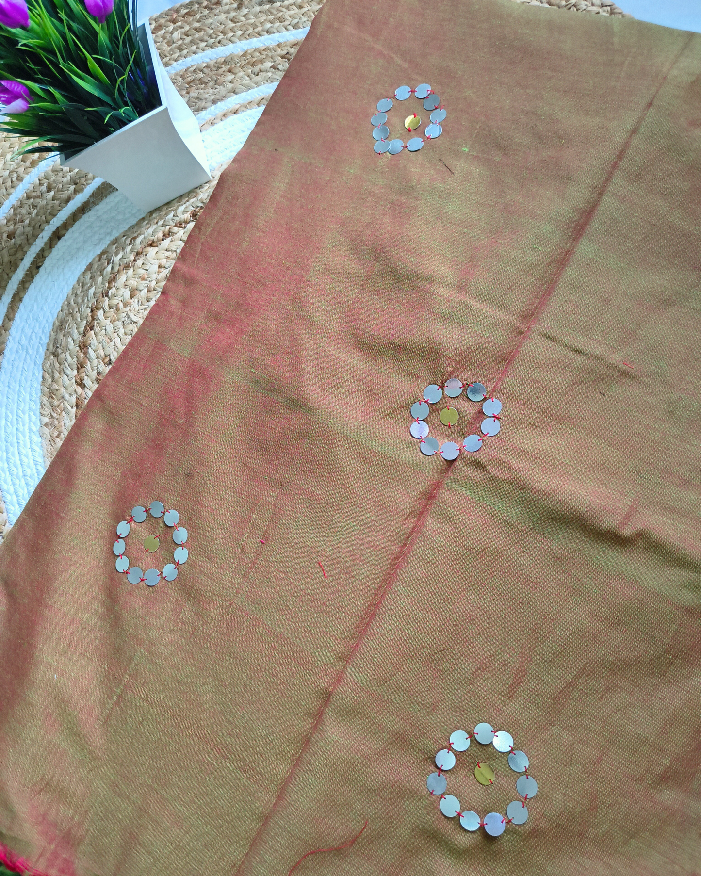 Khadi Cotton Handloom Saree with Mirror design - Green & Magenta