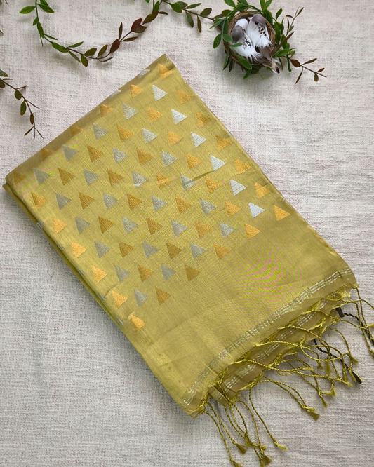 Linen Tissue Saree with Golden Silver Zari weaving - Yellow Gold