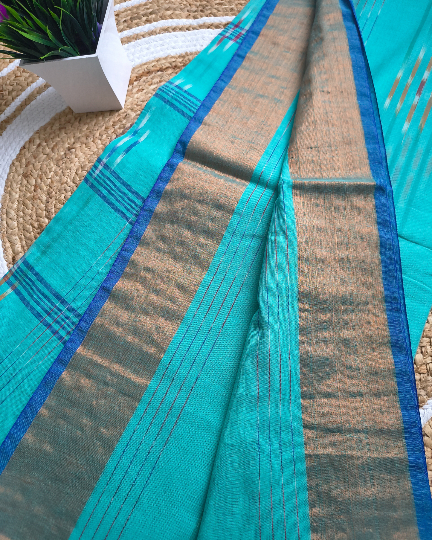 Pure Cotton Handloom Saree with Ikkat Design -Aqua Blue
