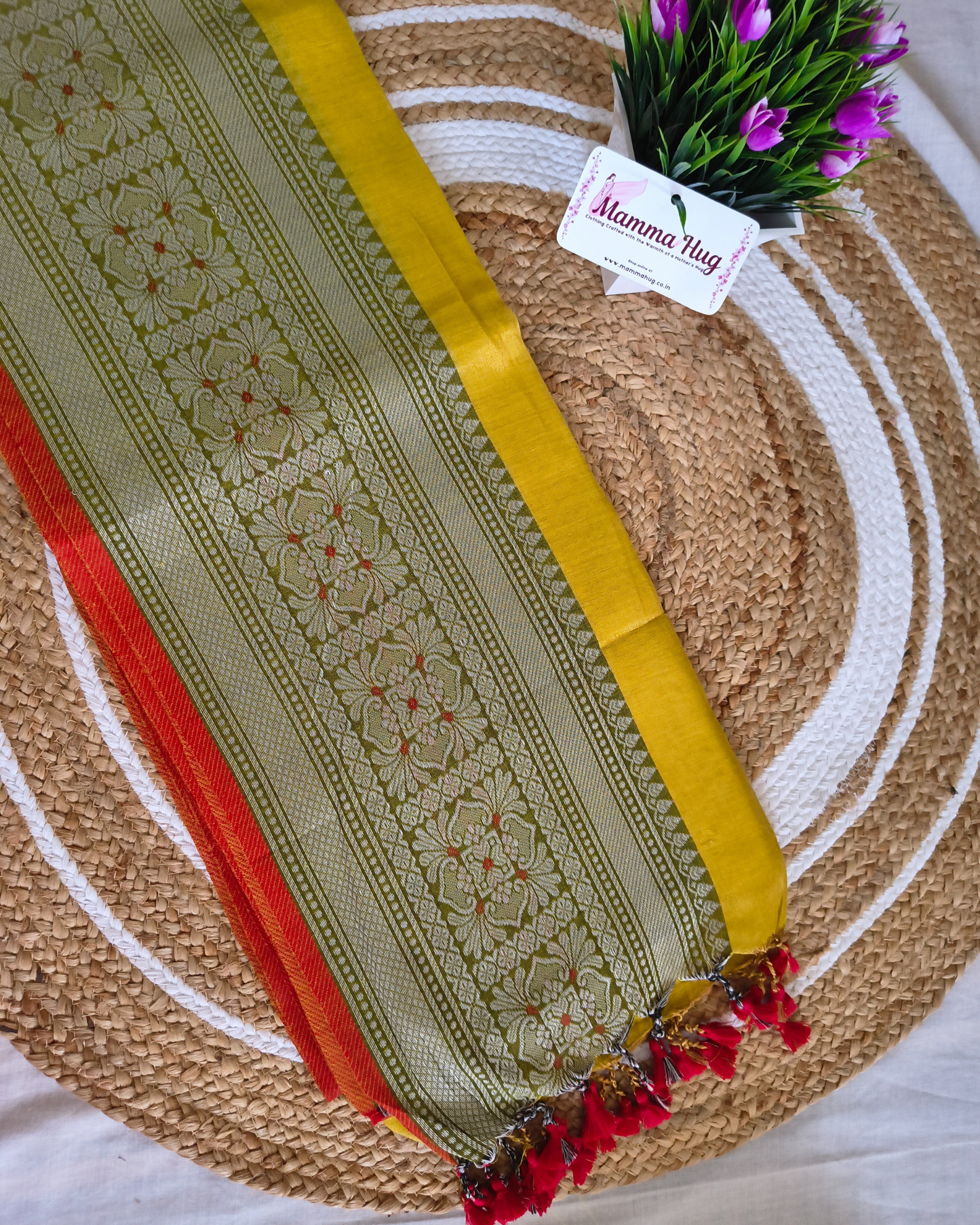 Khadi Tissue Handloom Saree with Thread Woven Border - Golden Mustard with Red