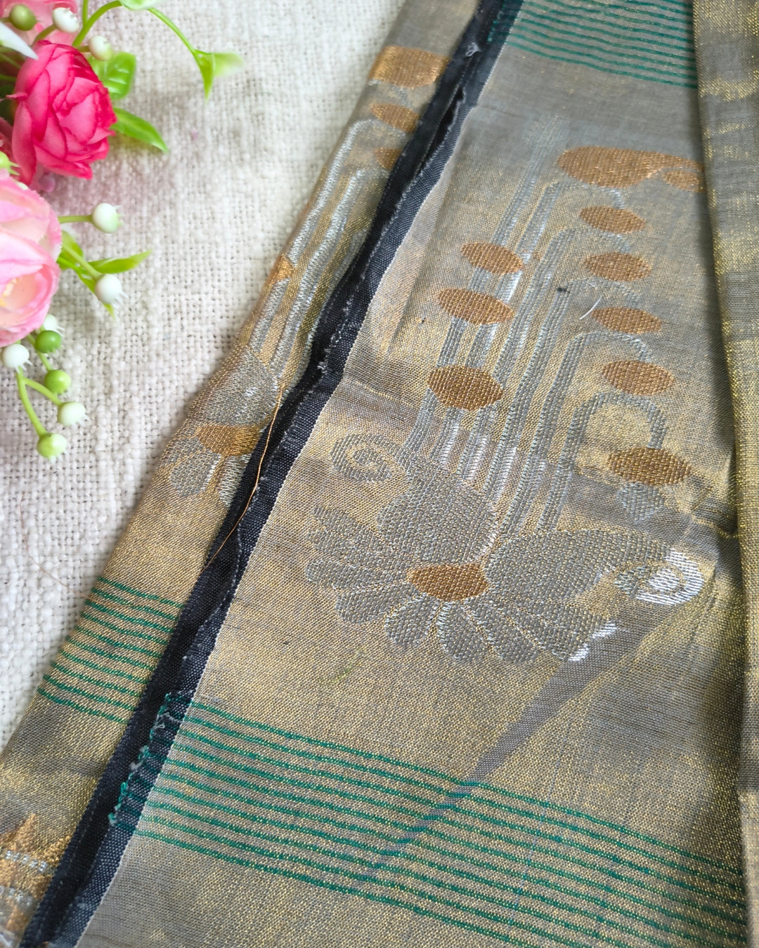 Soft Linen Tissue Saree with Golden Silver Zari weaving - Copper Golden