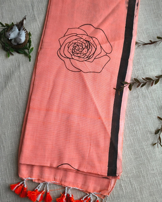 Khadi Cotton Handloom Saree with Printed Floral Design - Light Orange