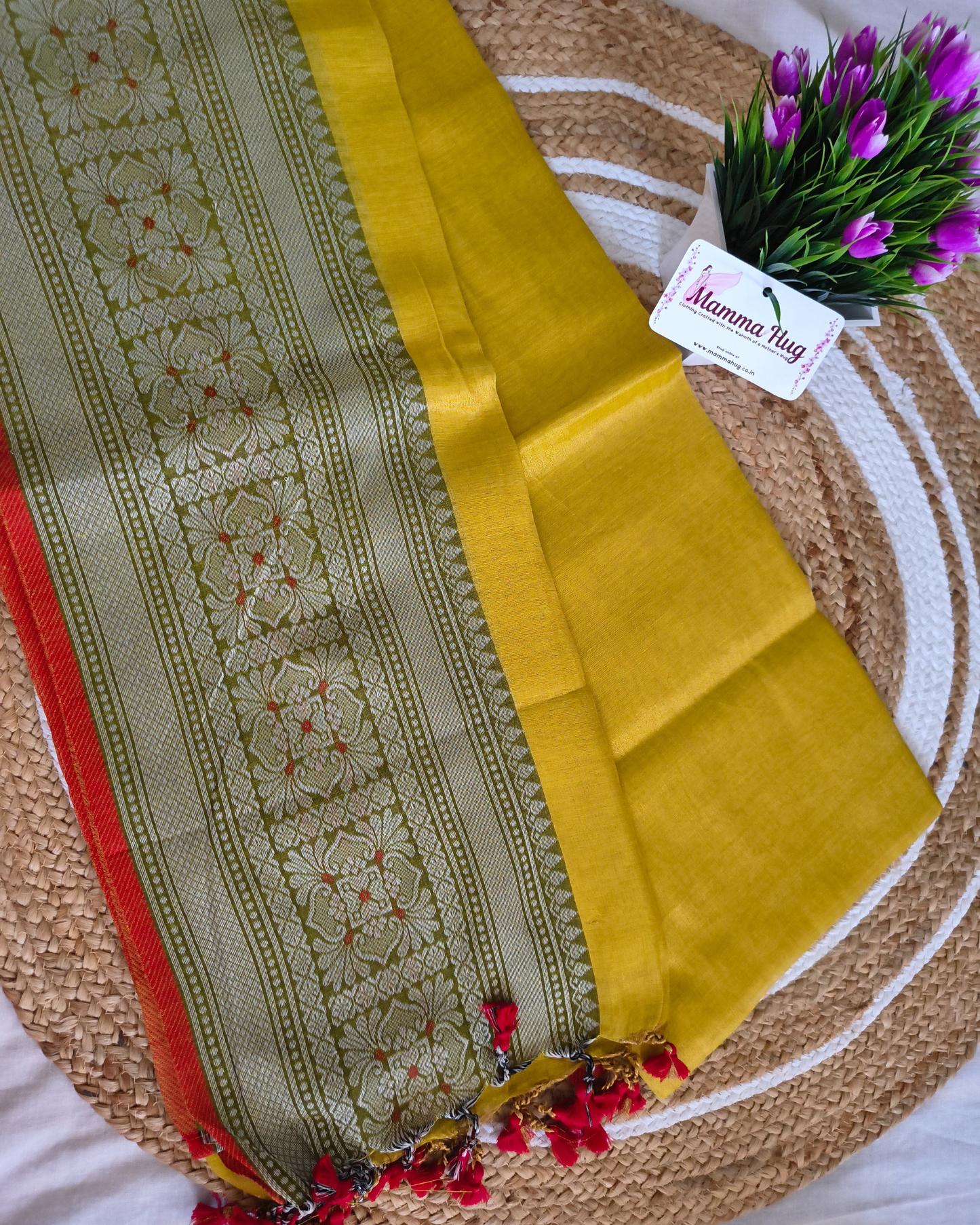 Khadi Tissue Handloom Saree with Thread Woven Border - Golden Mustard with Red