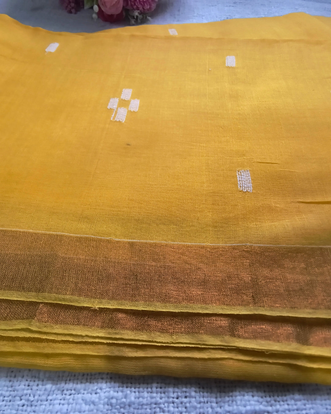 Pure Cottom Handloom Saree - Small Copper Border - Mango Yellow
