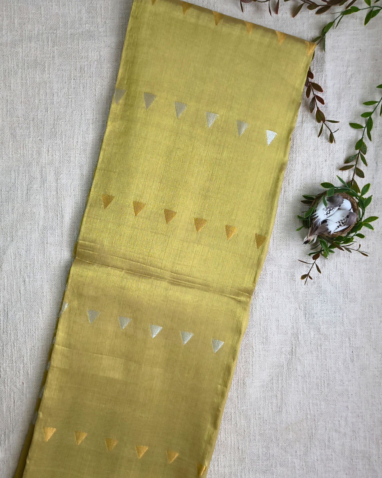 Linen Tissue Saree with Golden Silver Zari weaving - Yellow Gold