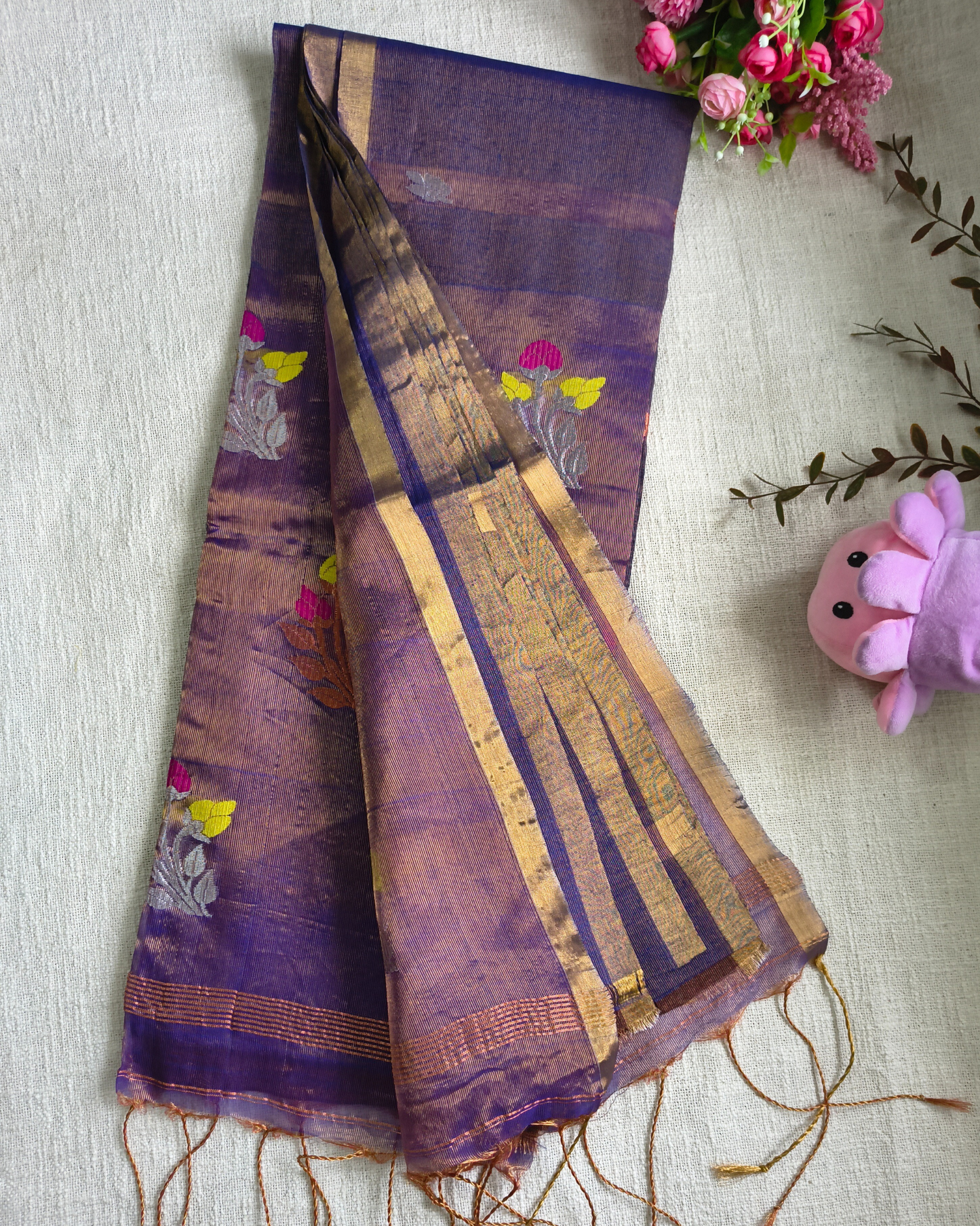 Handloom Tissue Linen with Jamdhani Weaving Buttas - Purple