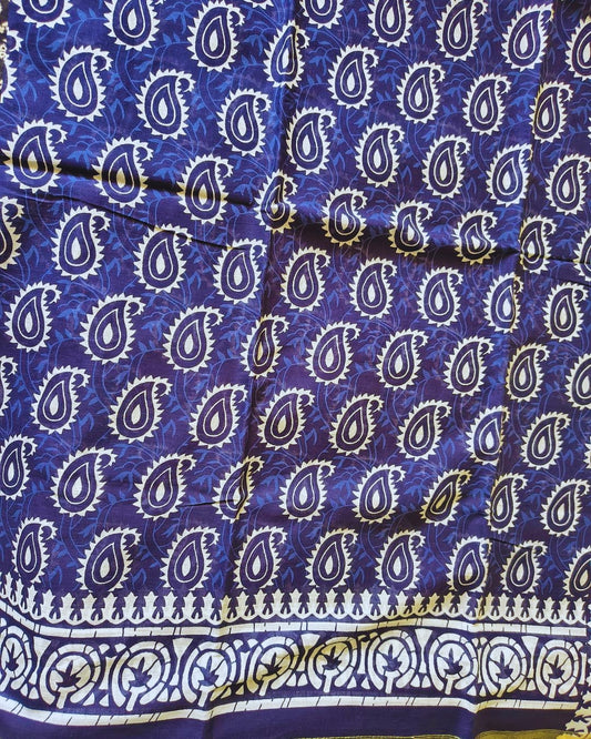 Ajrakh Block Print 120s Mul Cotton Saree - Indigo MammaHug