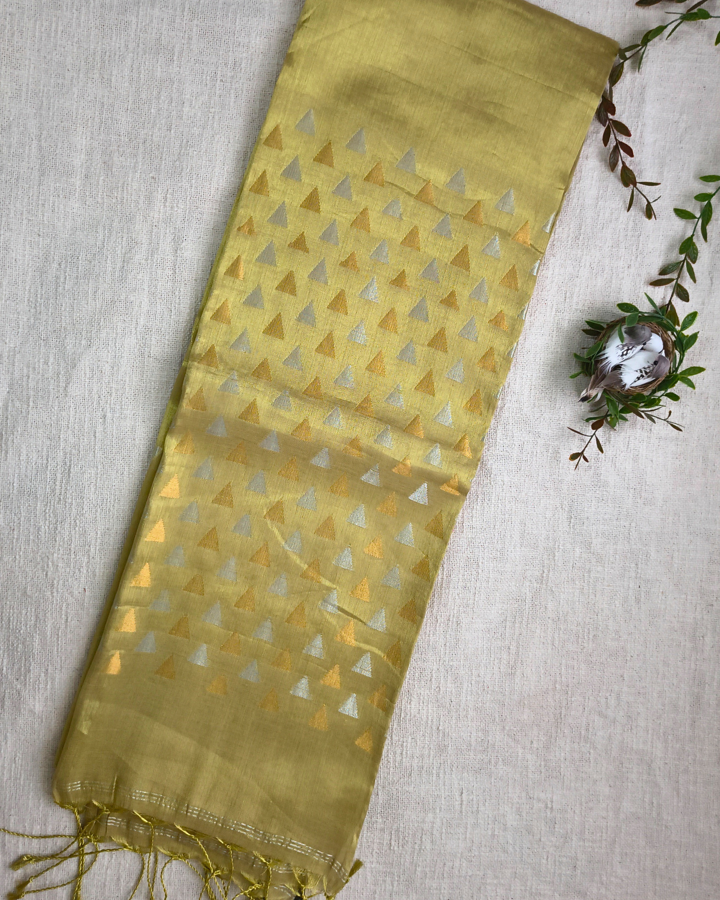 Linen Tissue Saree with Golden Silver Zari weaving - Yellow Gold
