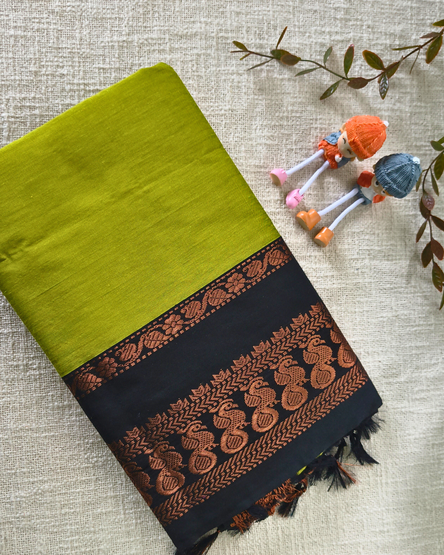 Premium Kalyani Cotton Plain Saree with Zari Border - Parrot Green with Black