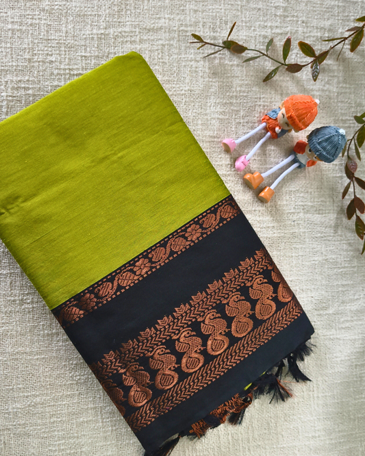 Premium Kalyani Cotton Plain Saree with Zari Border - Parrot Green with Black