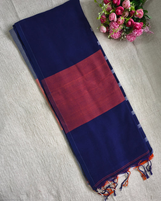 Pure Cottom Handloom Saree - Ikkat Geometry - Orange & Blue