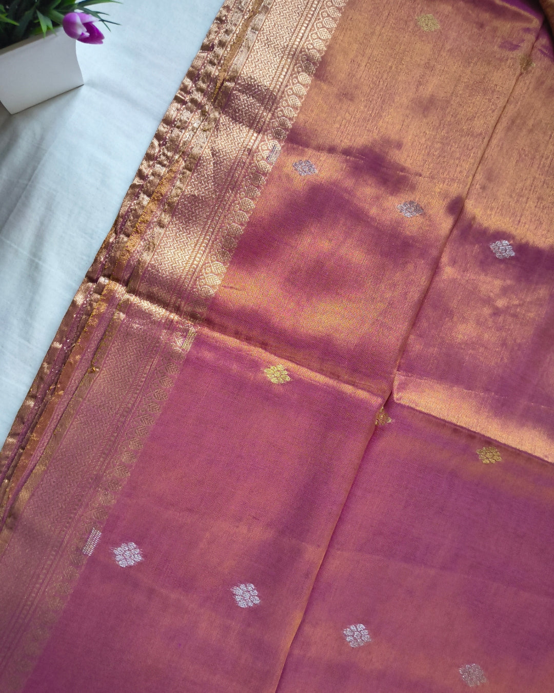Soft Linen Tissue Saree with Hand Woven Buttas - Onion Pink MammaHug