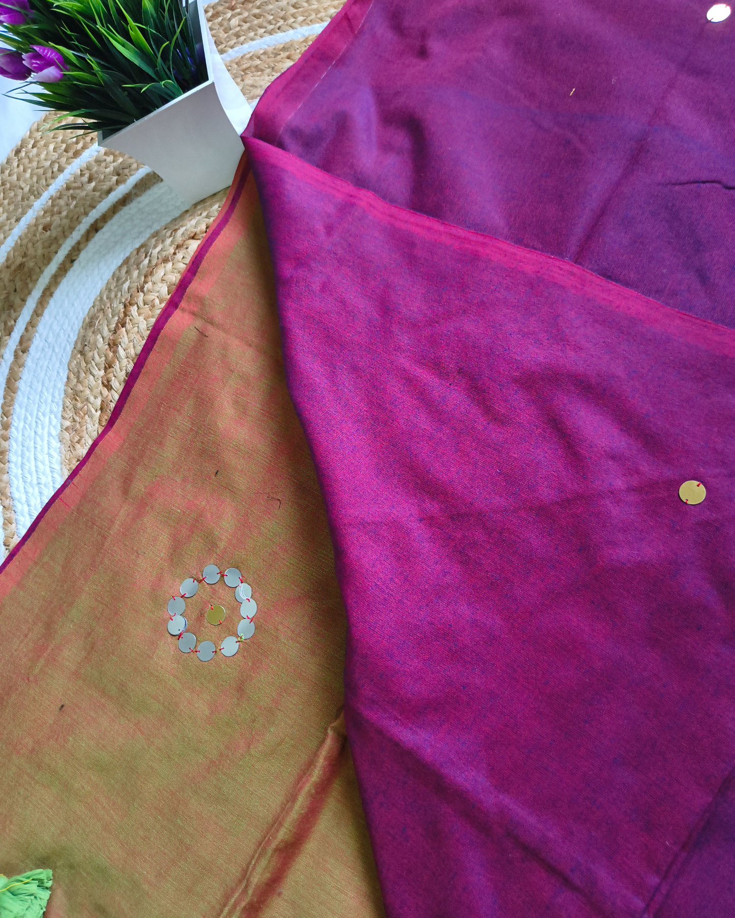 Khadi Cotton Handloom Saree with Mirror design - Green & Magenta