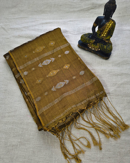 Soft Linen Tissue Saree with Golden Silver Zari weaving - Golden Brown