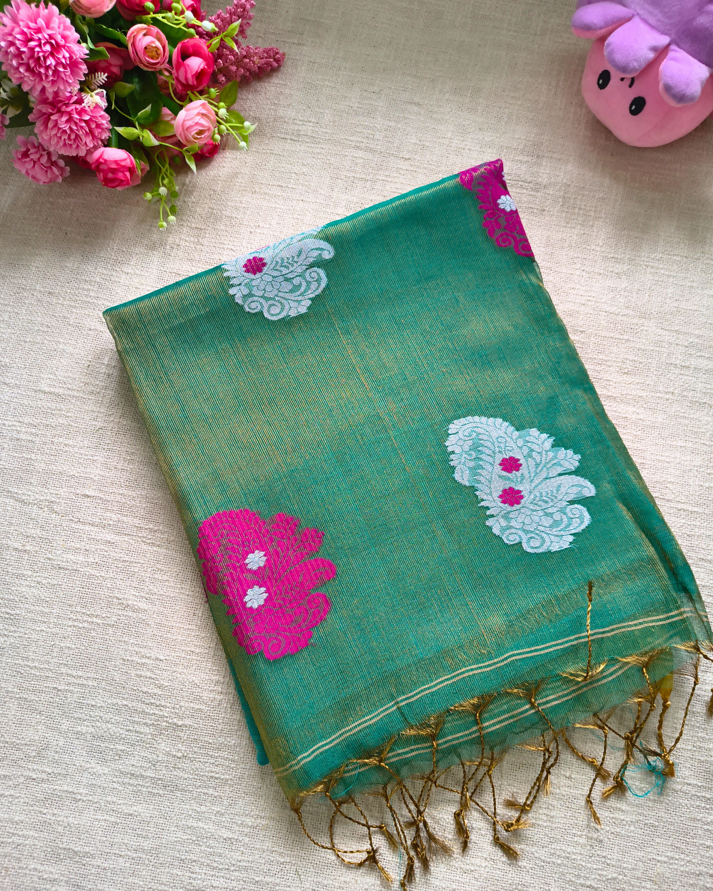 Handloom Tissue Linen with Jamdhani Weaving Buttas - Turquoise