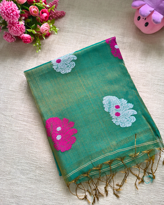 Handloom Tissue Linen with Jamdhani Weaving Buttas - Turquoise